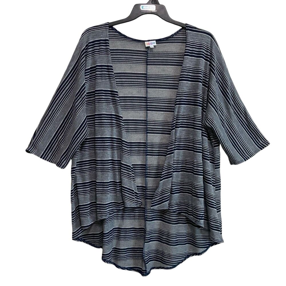 Lularoe Open Front Cardigan Womens Size Medium Blue Striped 3/4 Dolman Sleeves